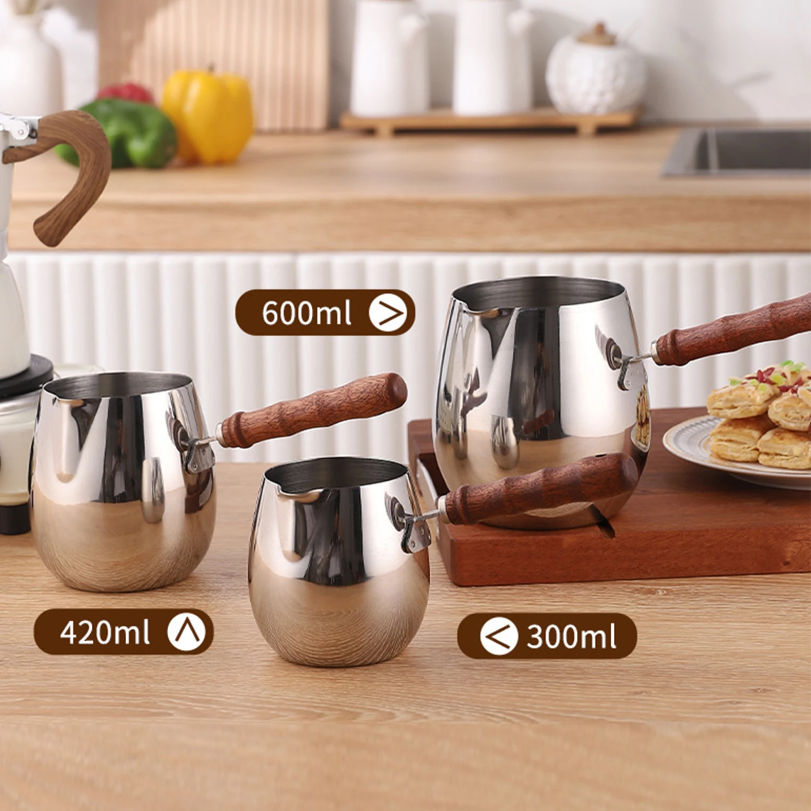 304 Stainless Steel Oil Splashing Small Pot Hot Oil Auxiliary Food Pot Coffee Pot Pouring Mouth Wooden Handle Melting Pan