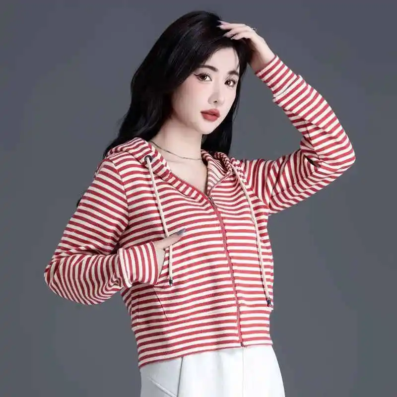 Women Hoodie Striped Cardigan Hooded Sweater 2026 Spring Autumn New Loose Zipper Thin Short Coat Jacket Casual Outerwear Top