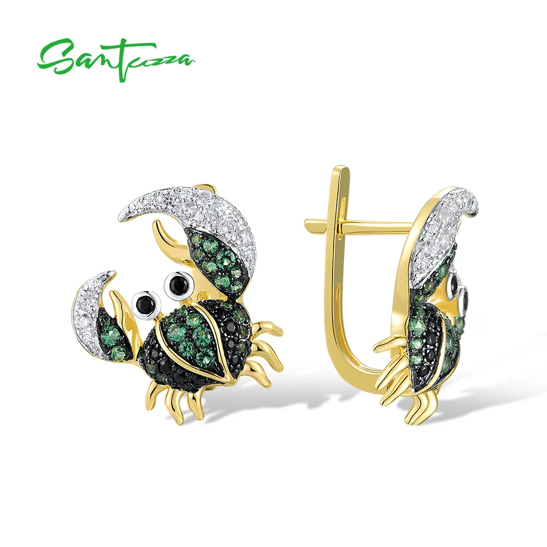 SANTUZZA Real 925 Sterling Silver Earrings For Women Sparkling Green Black Spinel Cute Crab Latch Back Animal Party Fine Jewelry