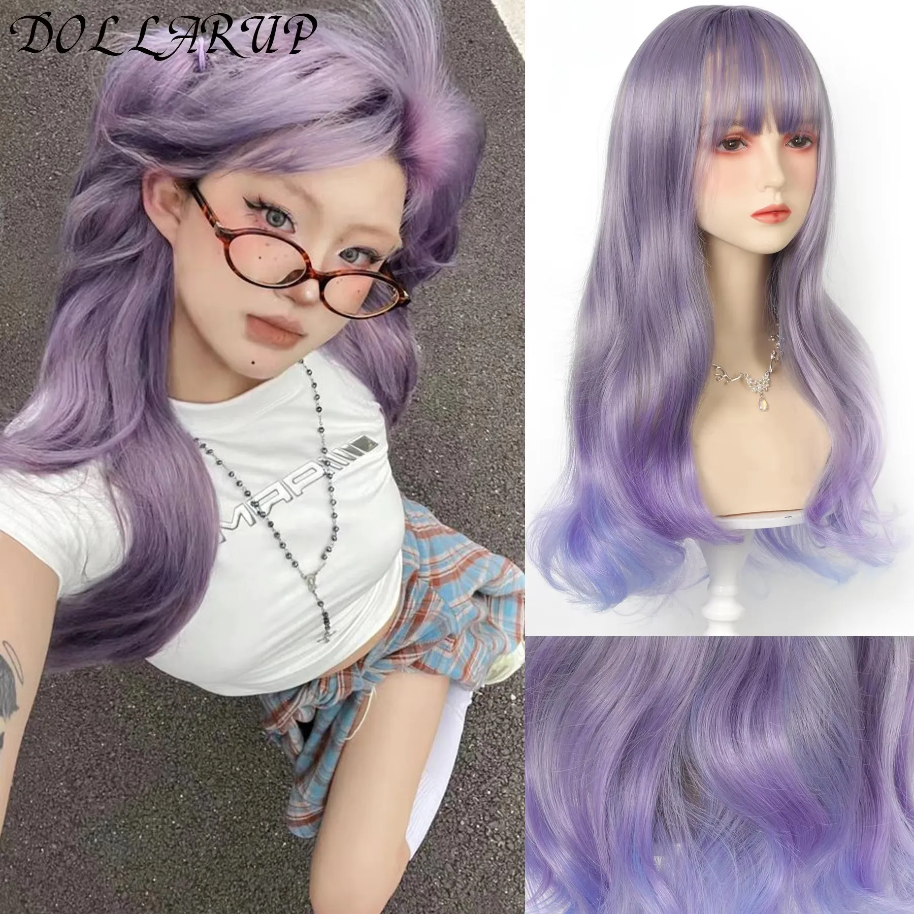 

JKL Long Purple Wig for Women 24" Long Lavender Purple Wig With Bangs Curly Wavy Natural Cute Soft Wig