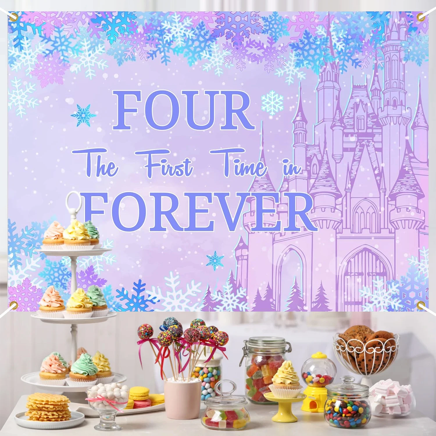 Four The First Time in Forever Birthday Decorations Winter Princess 4th Birthday Backdrop Frozen Birthday Decorations Princess view 2