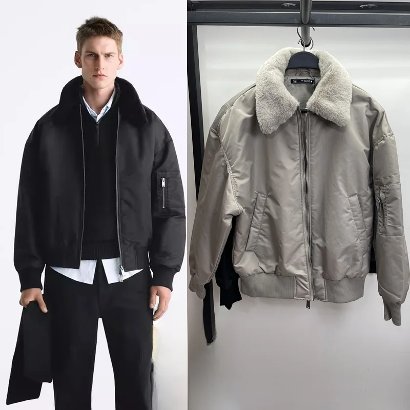 

Winter Fur Collar Cotton Pilot Jacket Thickened Cotton Fill Men's Outerwear Youth Trend Loose Fit Regular Length