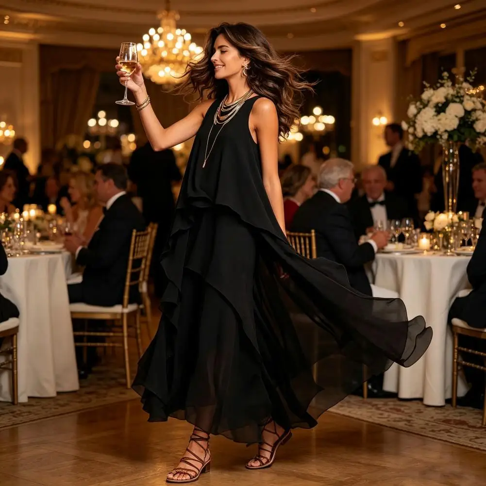 Elegantes Chiffon-Kleid für Damen, lockere Passform, Sommerkleid, fließendes Chiffon-Kleid für Damen, ärmelloses Kleid mit Rundhalsausschnitt, asymmetrischer Saum, Sommer