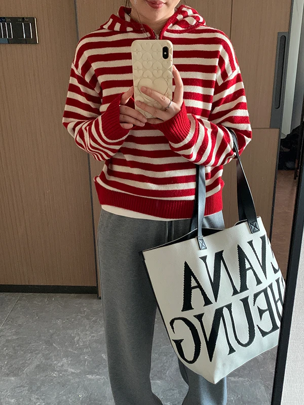 Retro Contrast Color Block Full Woolen Hat Sweater Skin-friendly Fine Striped Women's Long Sleeve Hoodie Casual Winter Fashion