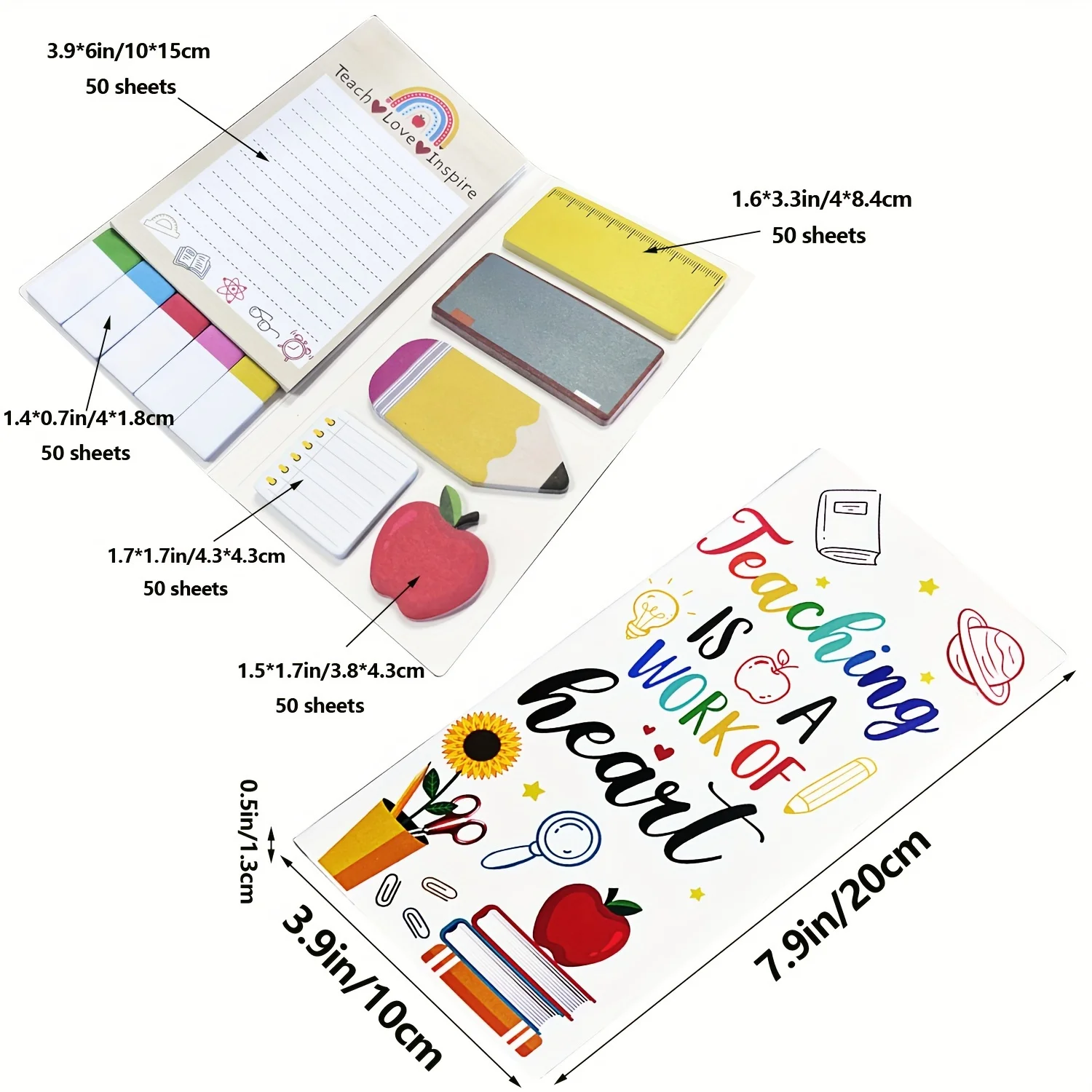 Notas adhesivas de agradecimiento para profesores: blocs de notas motivacionales Teach Love Inspire con marcadores de página y papelería de diseño de pizarra