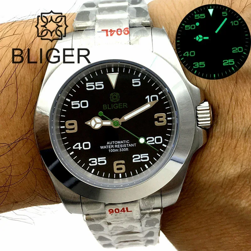 

BLIGER 40mm Automatic Watch For Men NH35A MIYOTA 8215 PT5000 Movement Silver Steel Strap Bracelet Sapphire Glass Green Second