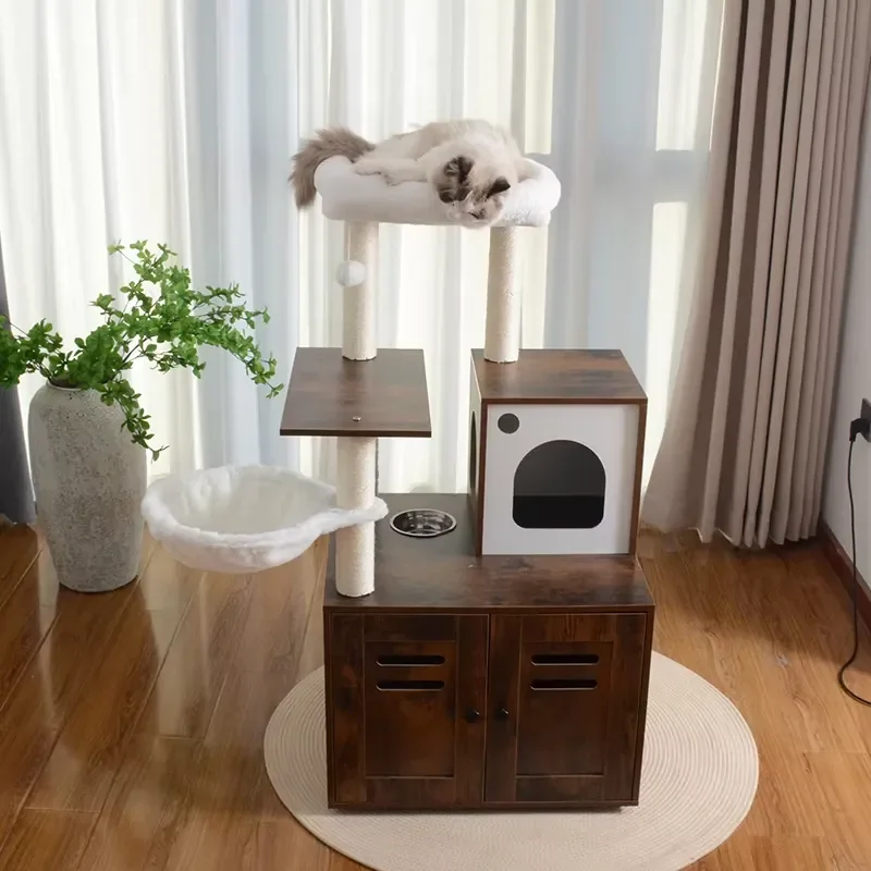 Wooden Indoor Pet Furniture Multiple Platforms Cat Tree Tower with Hidden Cabinet Cat Washroom Box Enclosure