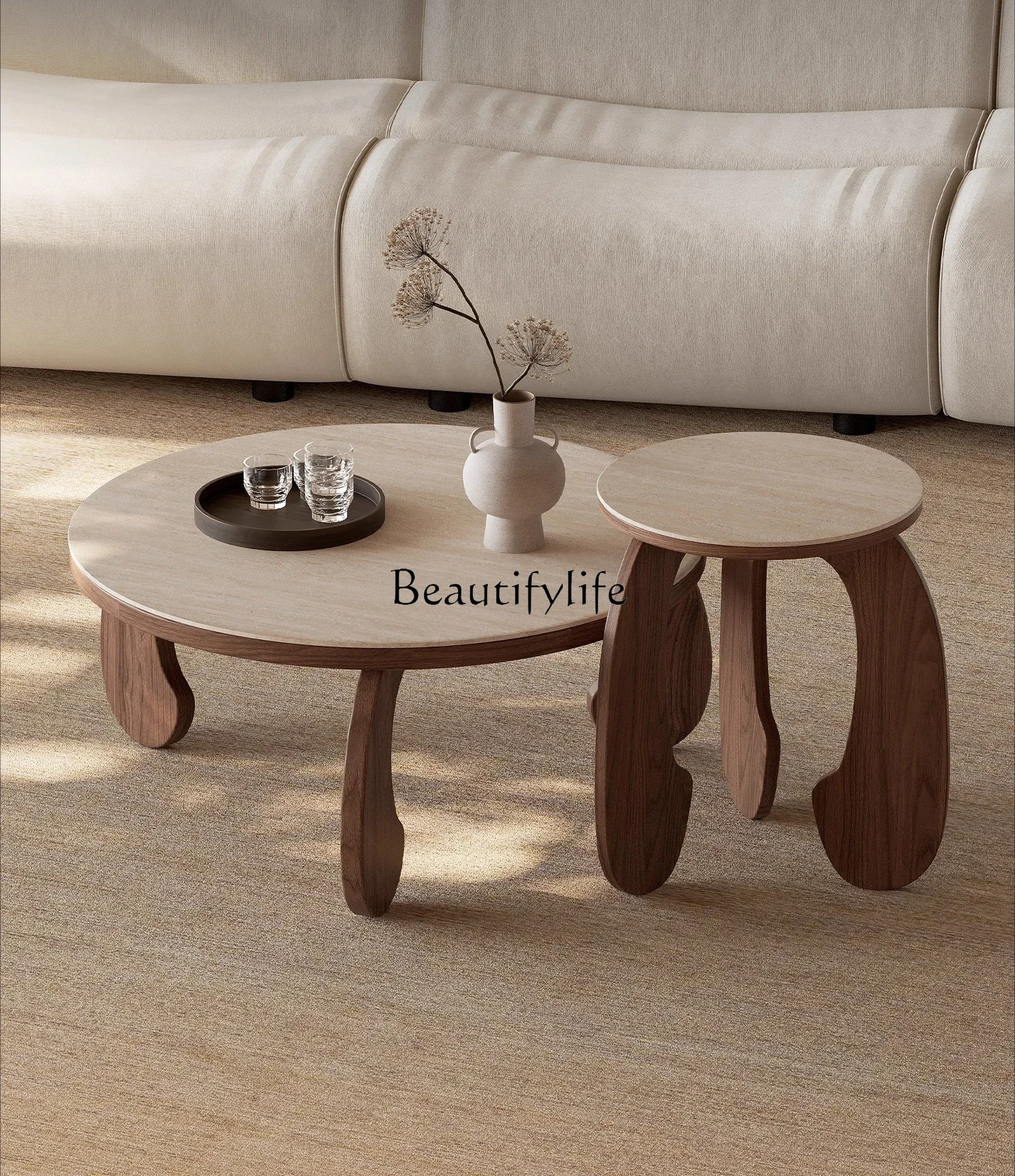 

3Vintage Style Cave Stone Rock Plate Coffee Table Set Round Living Room Solid Wood Walnut Wabi-Sabi