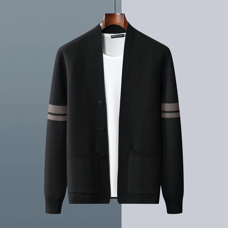 Autumn Winter New Men 100% Pure Wool Sweater Knit Jacket Business Coat Casual Cardigan Loose Cashmere Color Block Sweater