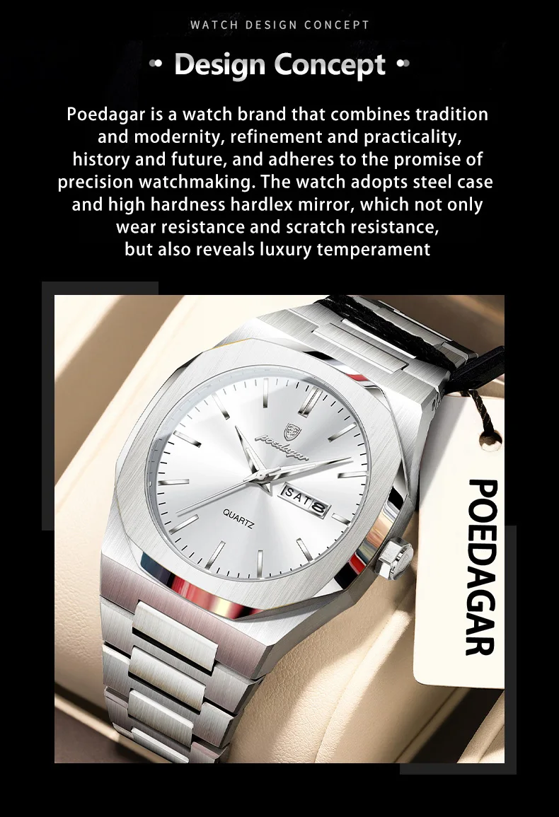 POEDAGAR Mode Marke Männliche Armbanduhr Wasserdicht Leucht Edelstahl Männer Uhr Datum Woche Casual Quarz herren Uhren Reloj – Detail 3