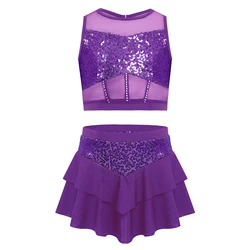 Kids Girls Glitter Sequins Ballet Dance Sets Gymnastics Skating Costume Outfits for Modern Latin Jazz Dancing Stage Performance
