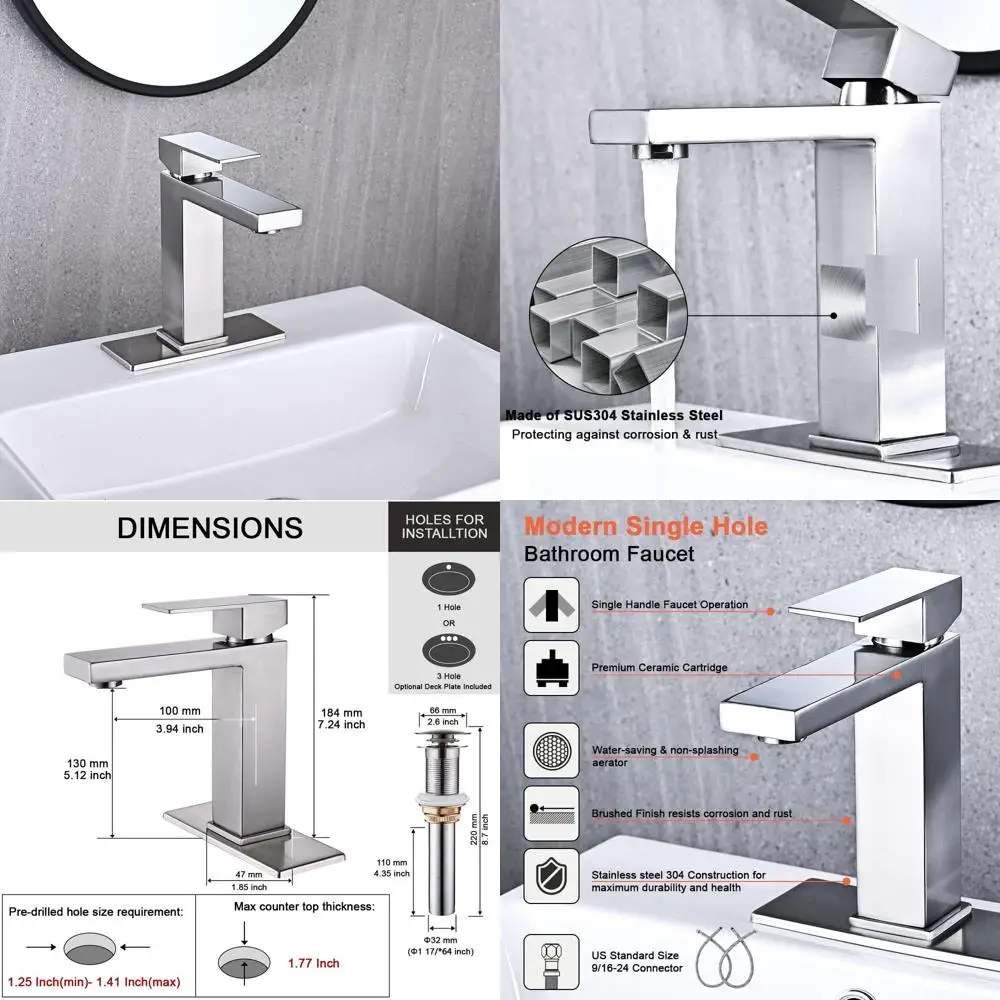 

Modern Single-Hole Brushed Nickel Vanity Faucet with Pop-Up Drain and Water Hoses