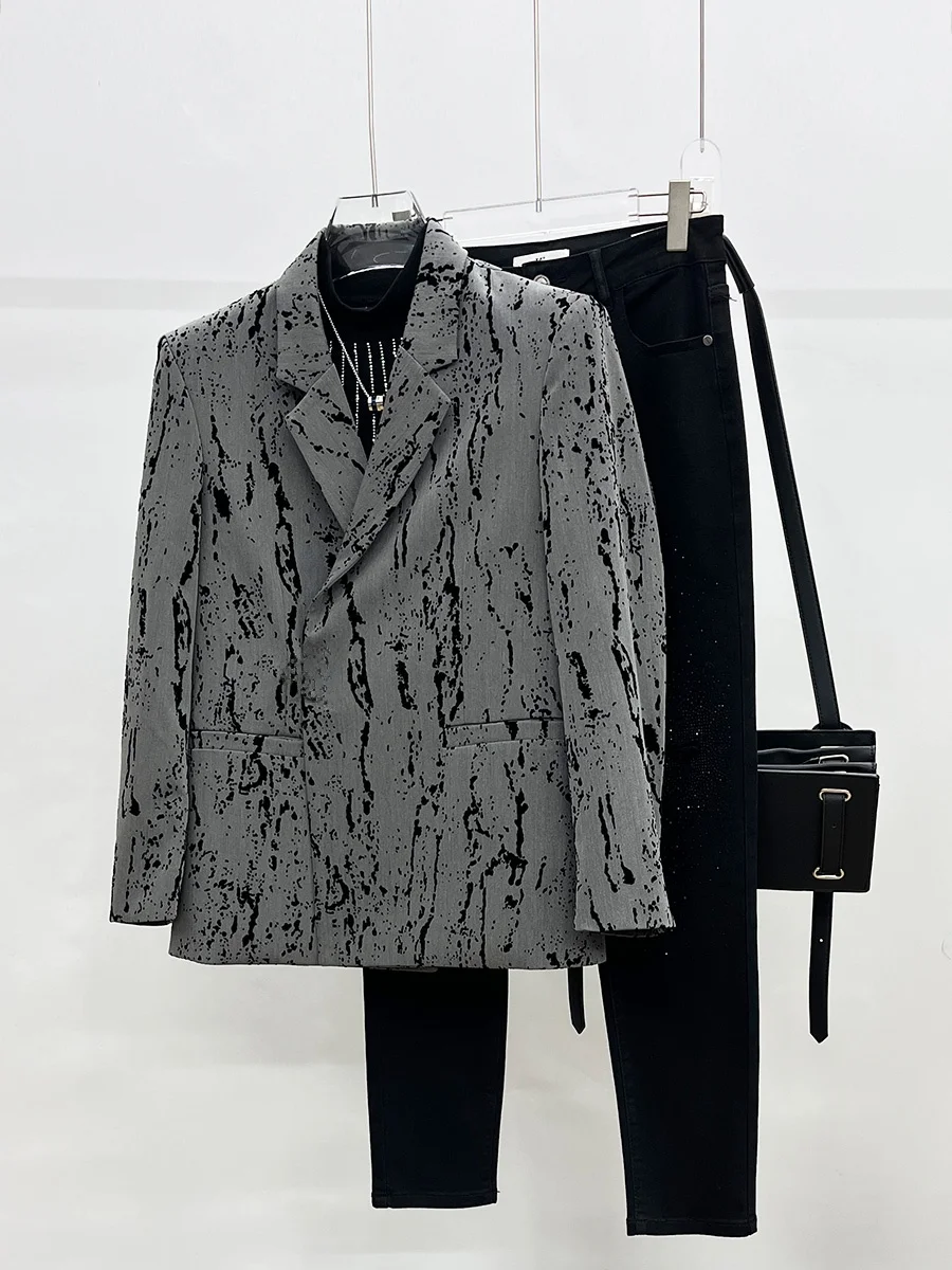 

American Retro Tie Dye Design Suit Jaet Faionable Personali Haome High End Metal Bule Western Sle Casual irt