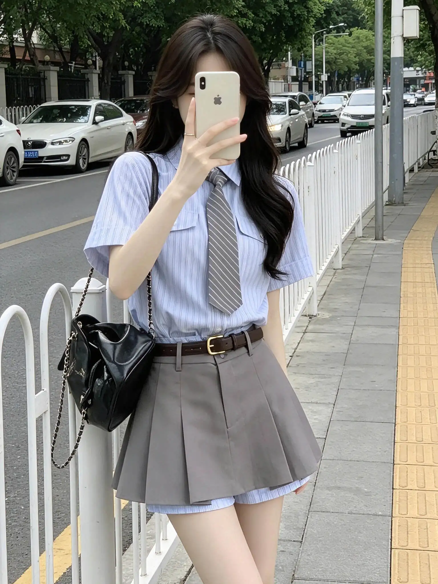 

American Uniform School Style Striped Shirt Set Women Summer Slimming Commute Shirt Color Block Half Skirt Fashionable Ensemble