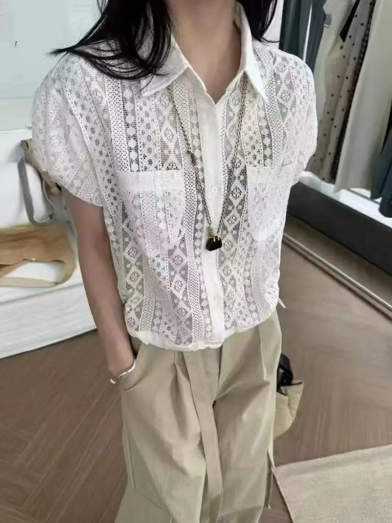 Geborduurd kant irt dameskraag los uitgehold zoete jeugdige bloei Sve top katoen zomer ort Sve