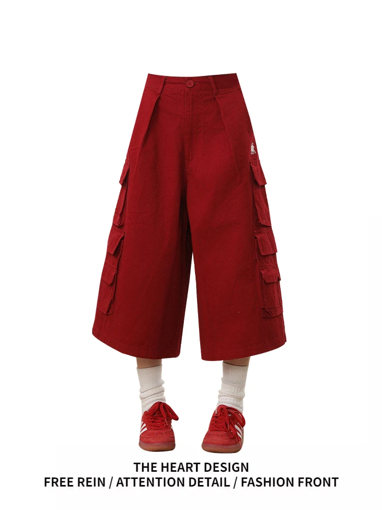 

American Retro Red Multi-ket Wide Leg Work Pants Seven-Foot Women's Loose Street Casual Straight ort orts