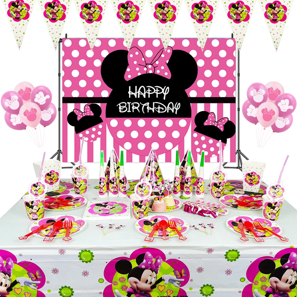 

Disney Minnie Mouse Grils Birthday Party Decoration Paper Plate Cups Banner Straw Tablecloth Disposable Party Supplies Set