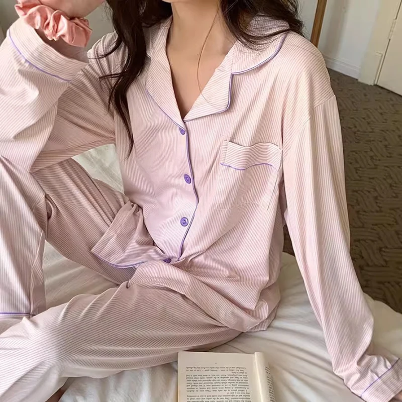 Striped Sleepwear Women Pajama Sets Korean Piiama Pocket Night Wears Autumn Pants Sets 2 Pieces Button Long Sleeve Home Suit New