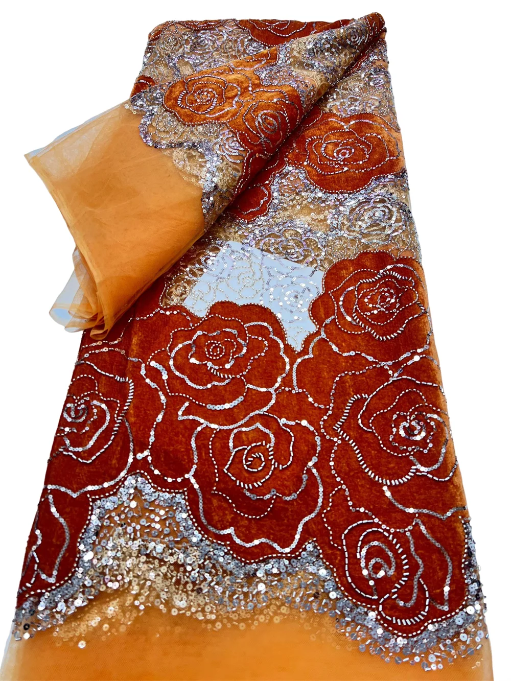 

Роскошная оранжевая нигерийская бархатная кружевная ткань с пайетками и бисером, африканское французское кружево для женских свадебных и праздничных платьев, коллекция 2026 года