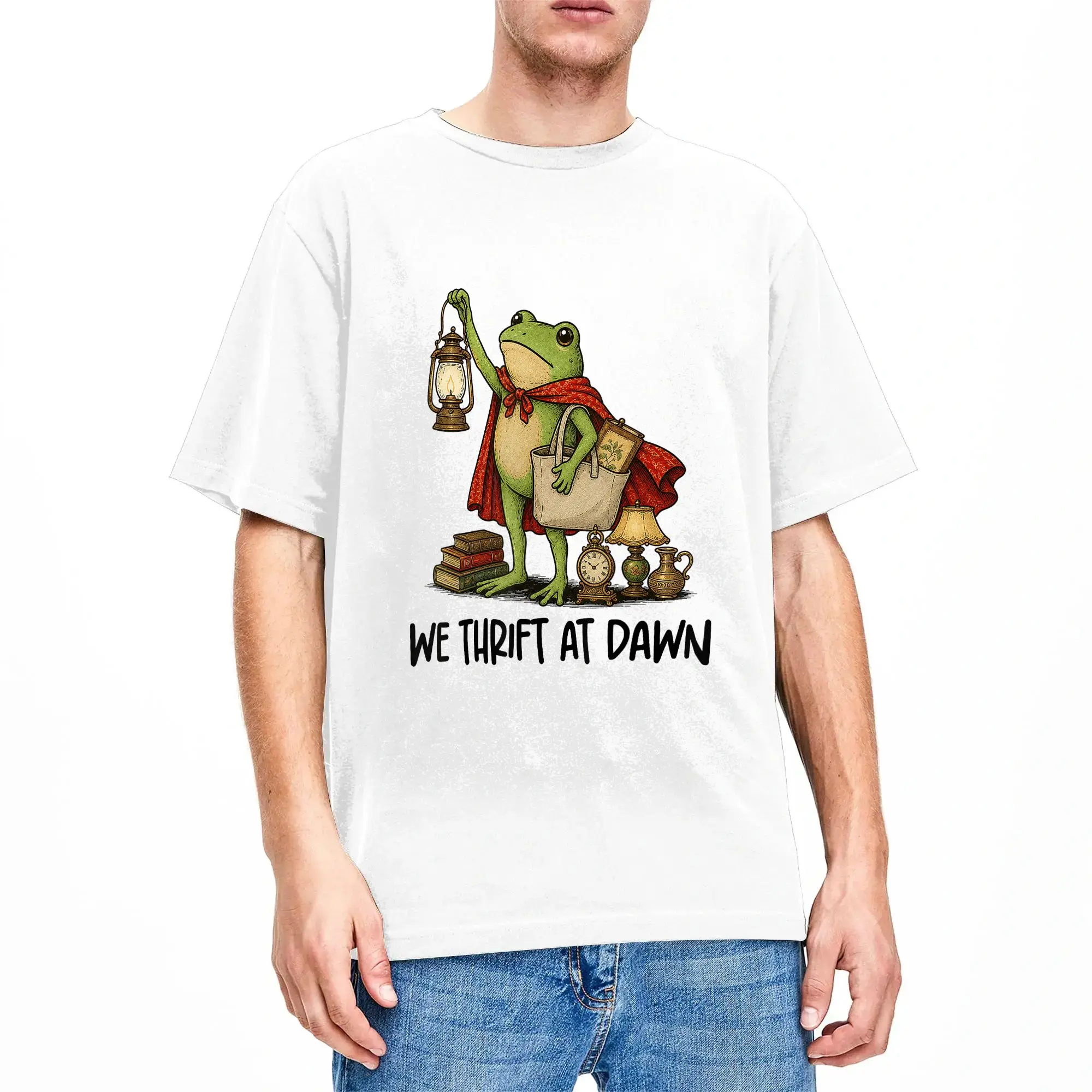 Thrifting Lover Thirty Queen Medieval Frog We Thrift At Dawn Cotton T-Shirt For Men Summer  Y2K Retro T Shirts O Neck Tee Shirt