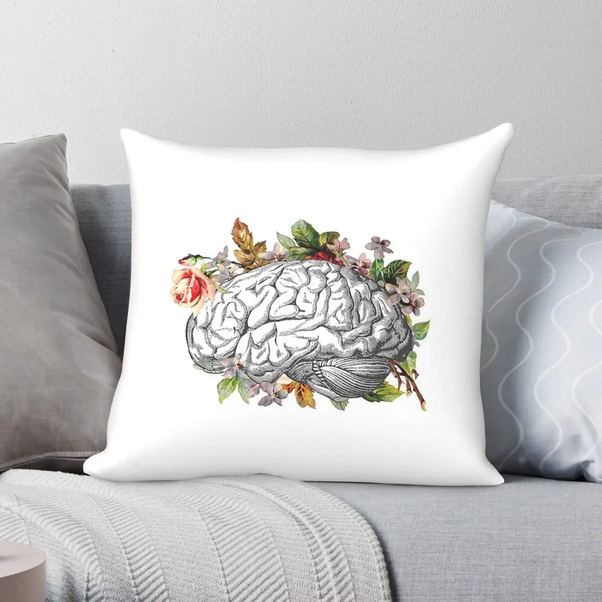 Brain With Flowers Square Pillowcase Polyester Linen Velvet Printed Zip Decor Pillow Case Sofa Cushion Cover