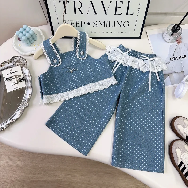 

Girl's Clothing2025Autumn New Polka Dot Denim Three-Piece Set Cute Fashion Girl Outfit Children's Clothing
