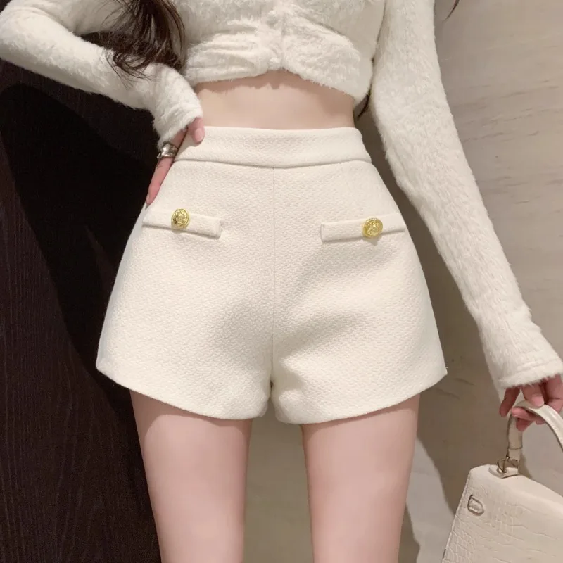 

Sweet Hot Girl Tweed Woolen Solid Color Shorts for Women's Autumn and Winter Casual High Waisted Wide Leg Shorts Female Clothes