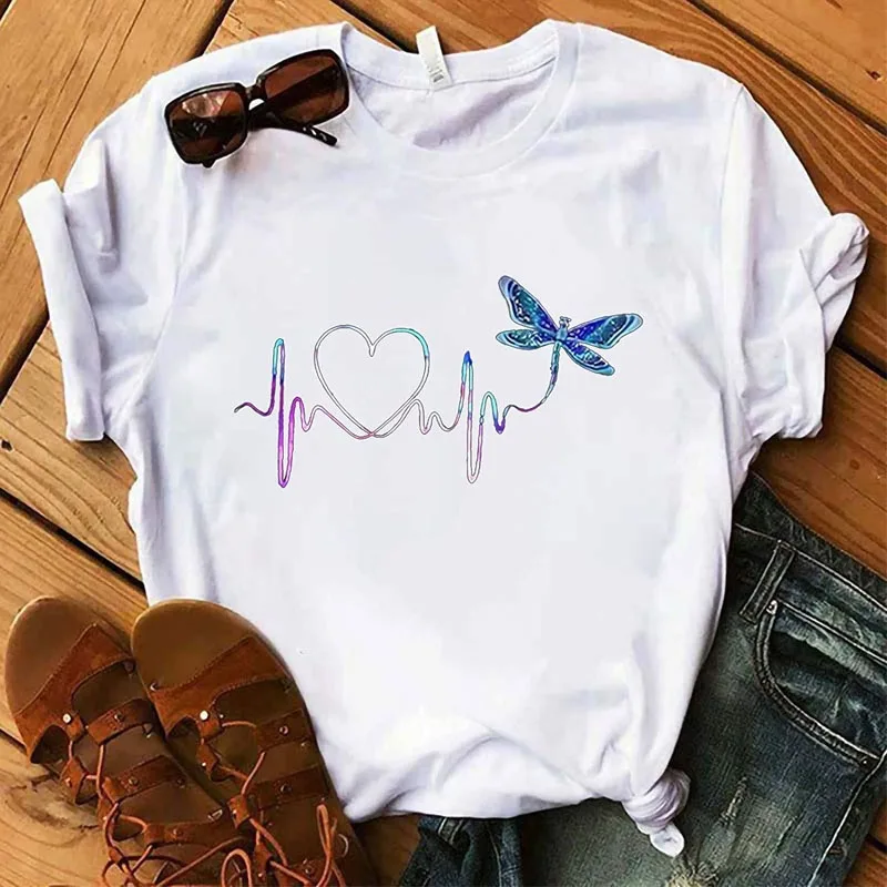Women's Butterfly Printed Heart-shaped T-shirt Short-Sleeved Round-Neck Harajuku Aesthetic Top Casual Fashion Clothes