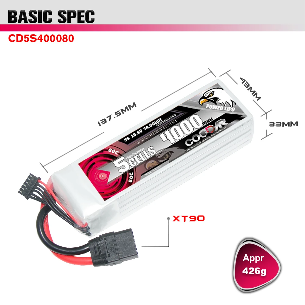 Imagem -03 - Codar-bateria Lipo Recarregável Energia para Quadro rc Helicóptero Avião Acessórios para Carro 80c Drone 4000mah 5s 18.5v