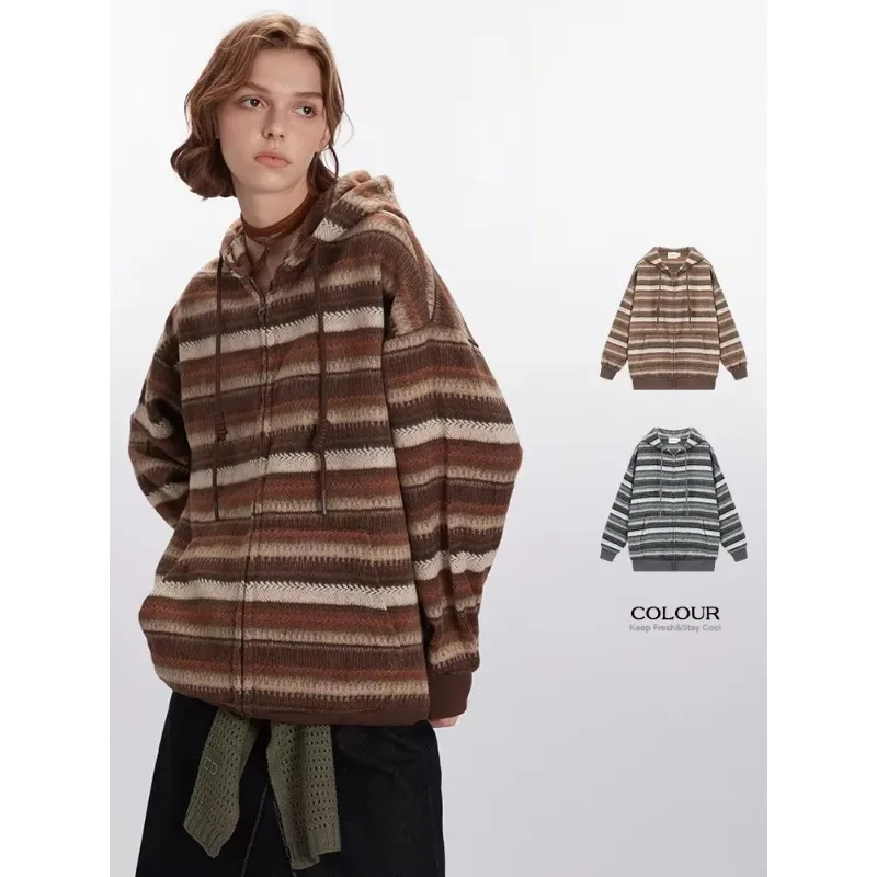 Nariele 2024 Autumn/Winter New Women's Hoodie Knitwear Stripe Sweatshirt Casual Long Sleeve Top Coat