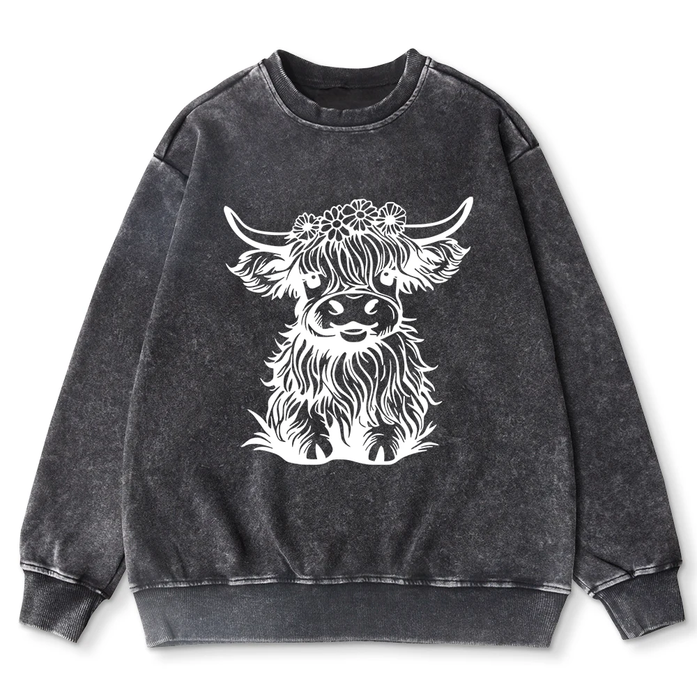 Cute Hair Cow Cartoon Print Washed Sweatshirt Women Casual Comfortable Tops Fashion Soft Hooded Cotton Oversize Clothing Female