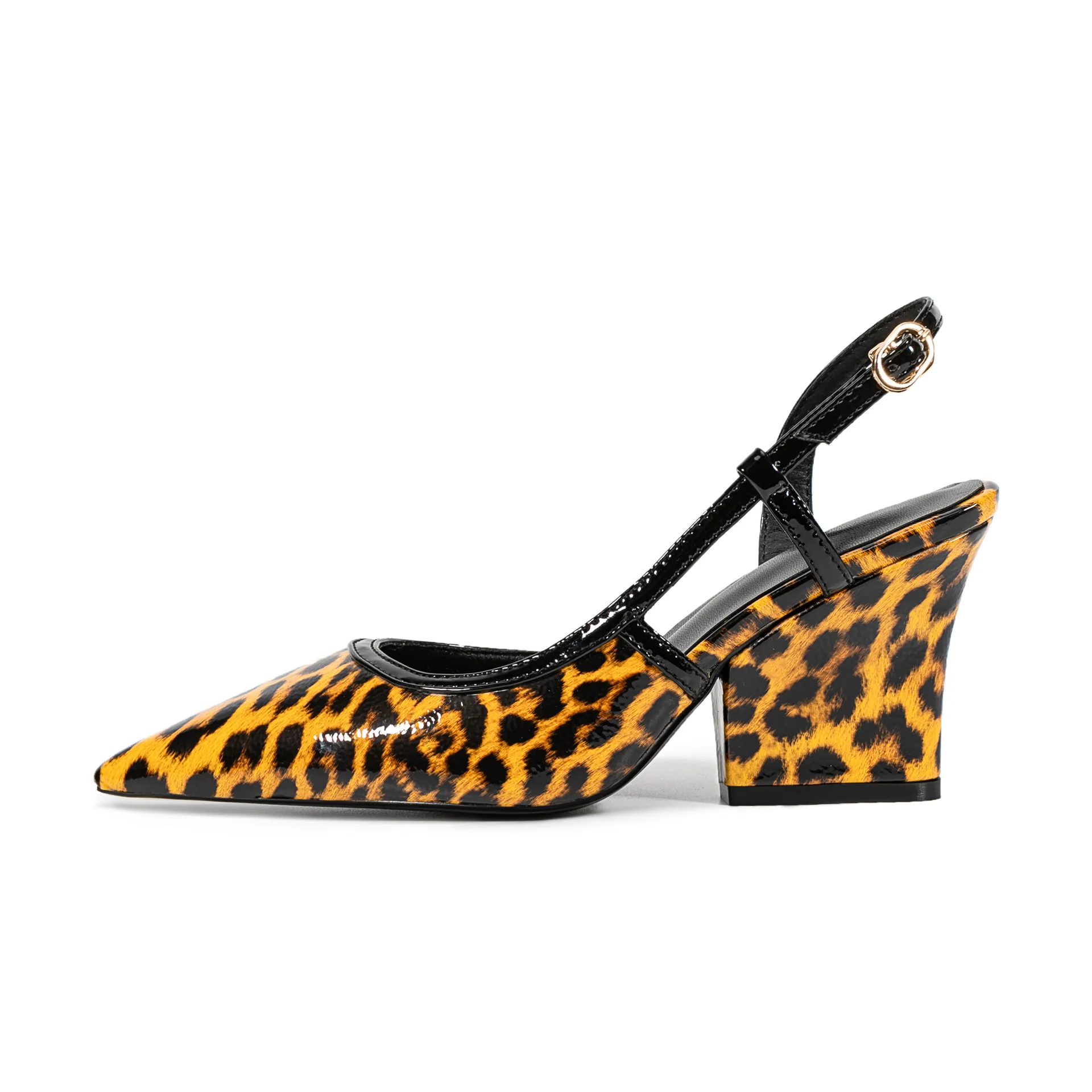 Patent Leather Thick Heel Back Strap Shallow Pumps Leopard Print Buckle Pointed Sandals Fashionable Large Size Women's Shoes