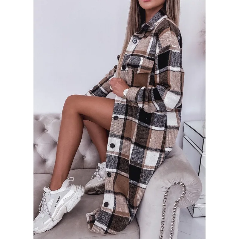 Women's Loose Plaid Cardigan Loose Shirt Trench 2023 Autumn Winter Shirt Women Long Sleeve Single-Breasted Turn-down Collar Coat