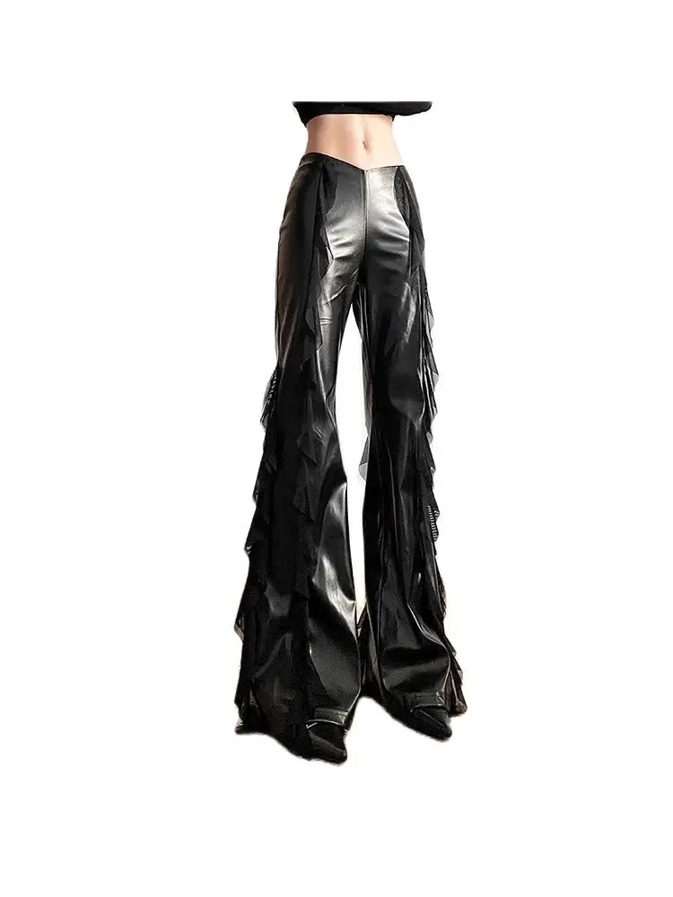 Fashion Women\'s Leather Pants Instagram High Street Design Wide Leg  Design Black Leather Pants New Design High Waist Versatile