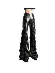 Fashion Women's Leather Pants Instagram High Street Design Wide Leg  Design Black Leather Pants New Design High Waist Versatile