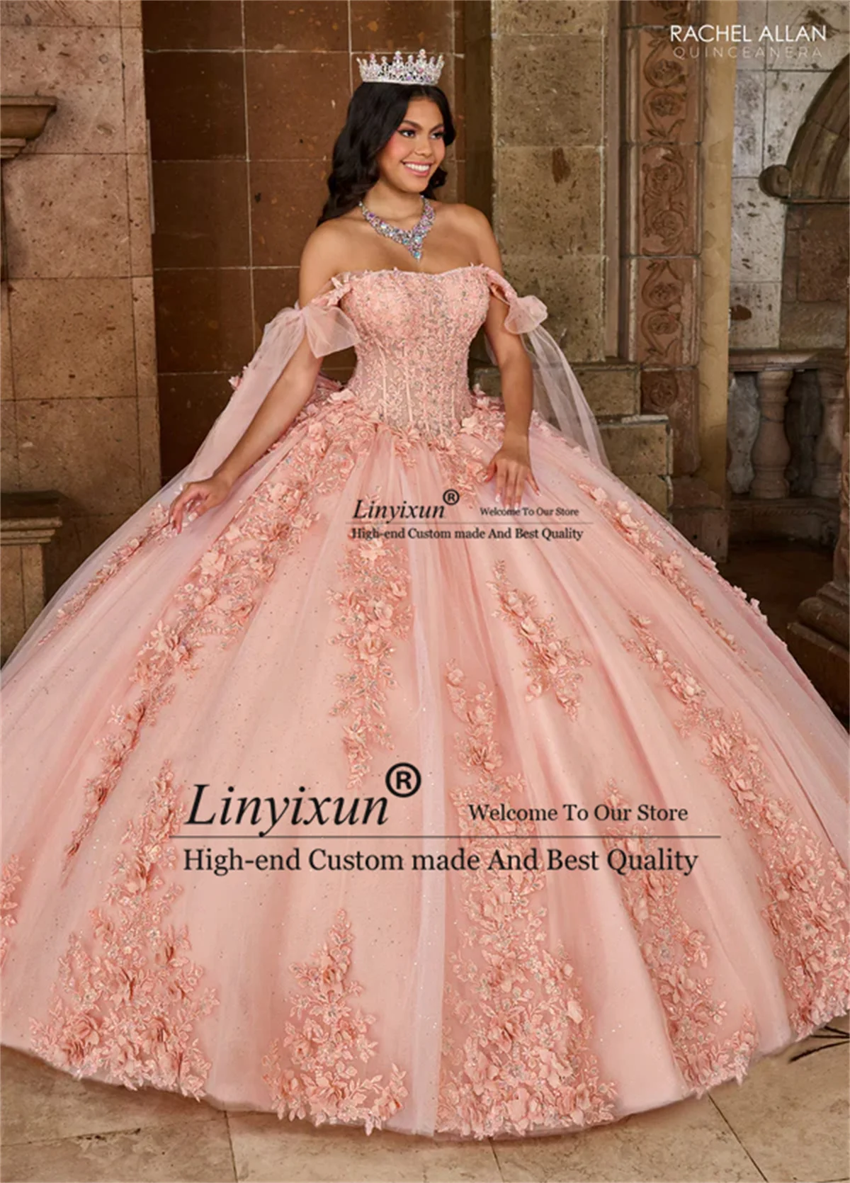 

Princess 3D Floar Appliques Lace Quinceanera Dresses Ball Gown Cape Sleeves Vestido De 15 Anos Customized Mexican Sweet 16 Gowns