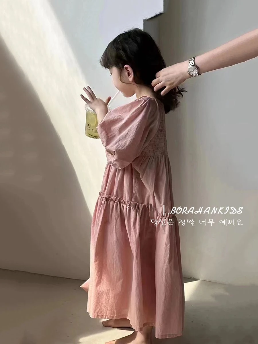 Girls Summer Clothes Bubble Sleeves Fashion Dress 2024 New Summer Childrens Princess Knee-length Dress Pink Trend