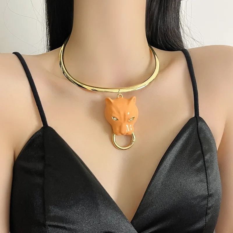 

Enamel Leopard Head Pendant Necklace Style Animal Statement Collar Punk Jewelry Circular Necklace For Women Party Evening Daily