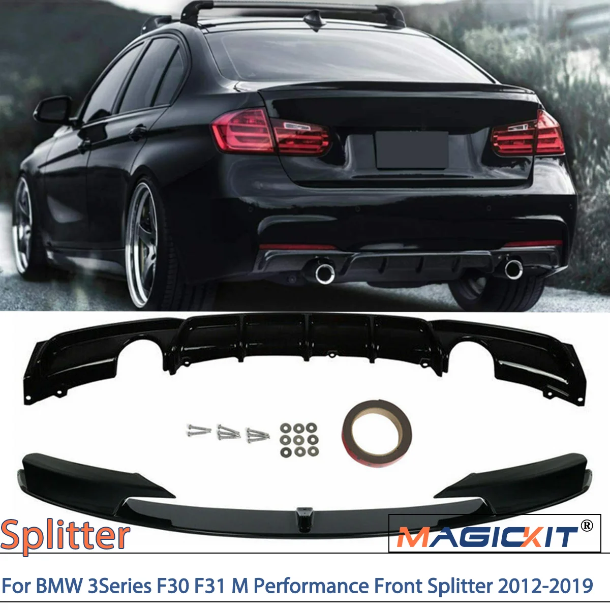 MAGICKIT Gloss Black Front Splitter Rear Diffuser For BMW 3Series F30 F31 M Performance Front Splitter 2012-2019 car Accessories