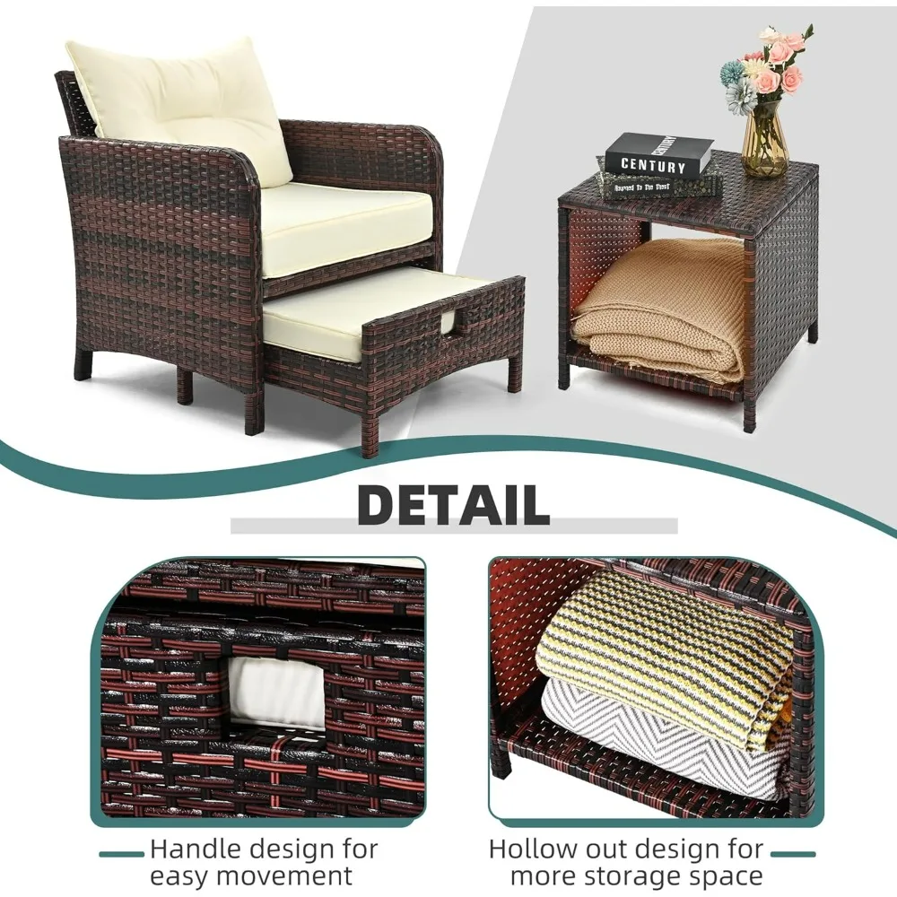 Pamapic 5 Buah Set Furnitur Teras, Furnitur Balkon Rotan dengan Ottoman, Set Kursi Teras Luar Ruangan Anyaman PE dengan Tab Kopi