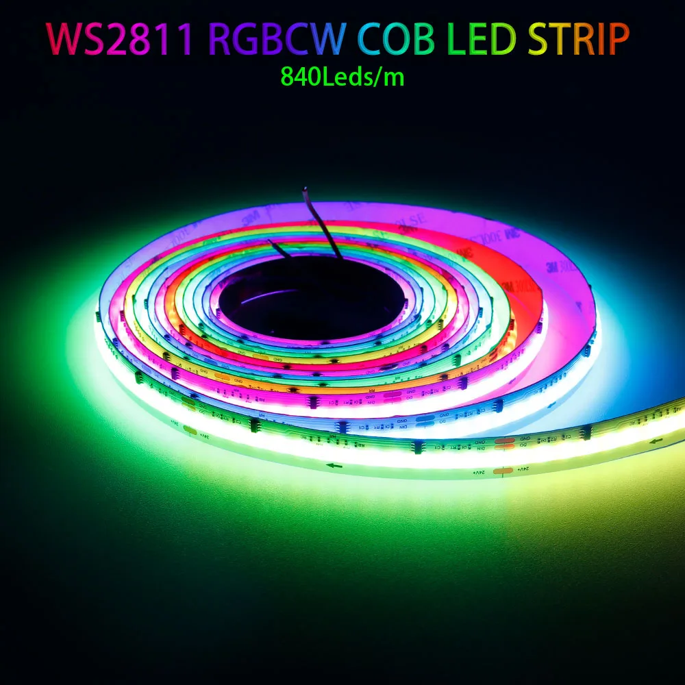 WS2811 FCOB SPI RGBCW LED Light Strip Addressable 840Leds/m RGBCCT Dream Color 12mm High Flexible FOB COB Lights RA90 IP30 DC24V