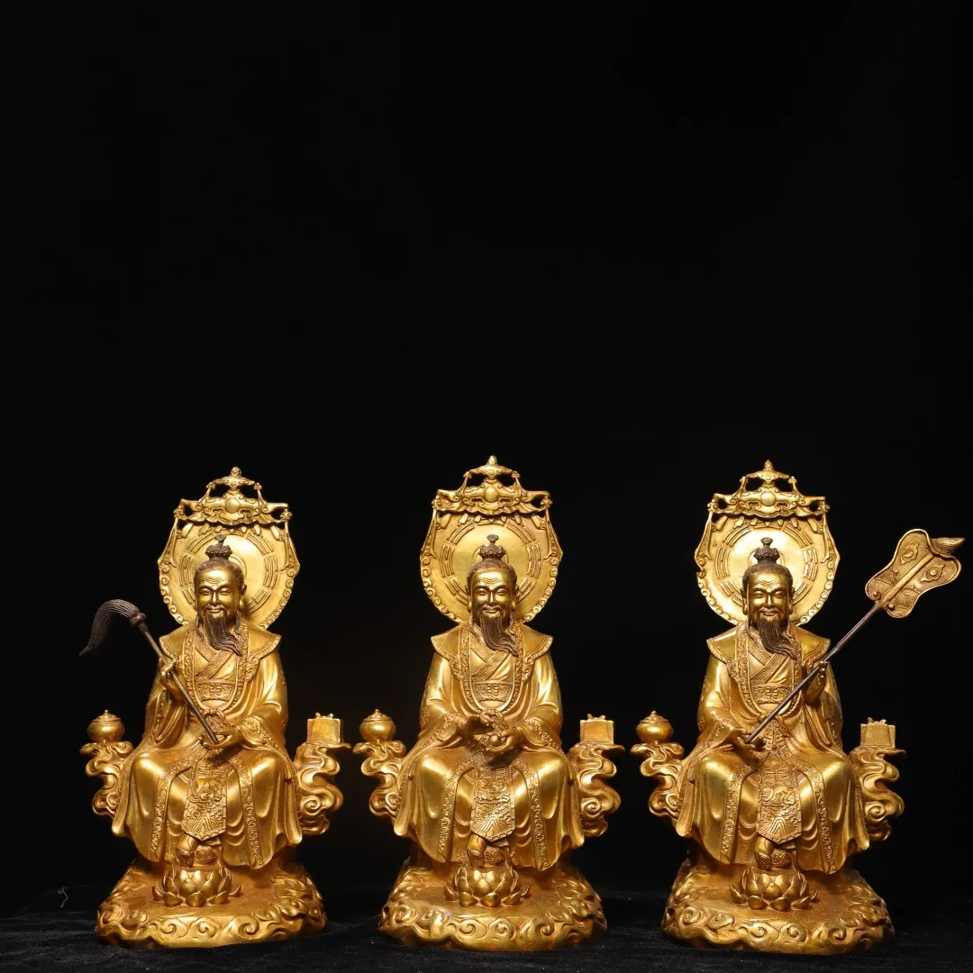 12"Old Bronze Gilded Cinnabar Head backlight Three Pure Ones Taoism ancestor a set Lord Laozi immortal Sitting Buddha