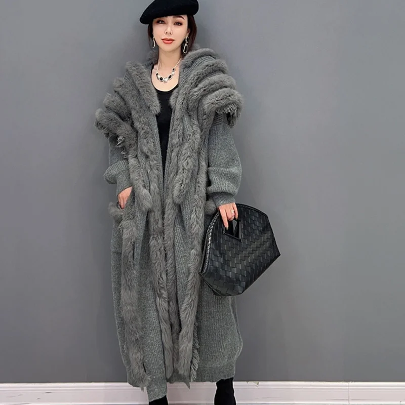 Vefadisa 2024 Winter Large Fur Collar Cardigan Coat Loose Mid-length Solid Color Thickening Plush Knitting Coat Women\'s LHX3822