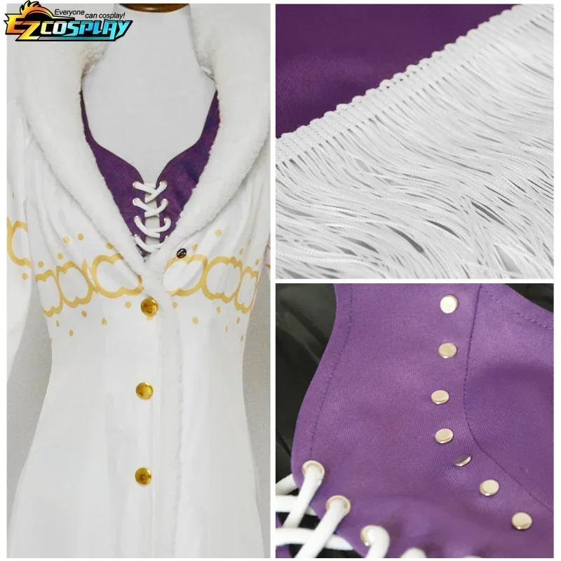 Anime-inspiriertes Nico Robin Kostüm für Damen, lila Kleid, Uniform, langer Pelzkragen, weißer Umhang, Outfit für Halloween-Rollenspiele – Detail 5
