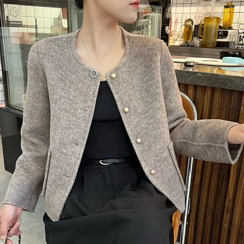

Short Double-sided Woolen Coat Women Autumn Winter Round Collar Loose Jackets Long Sleeves Warm Female Outerwear Trendy