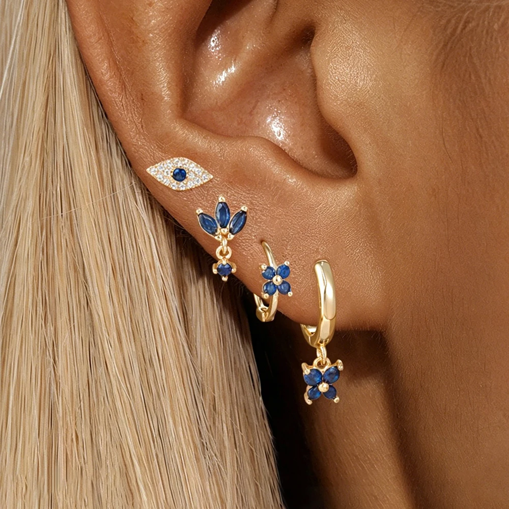 4PCS Fashion Cubic Zirconia Dark Blue Evil Eye Ear Studs Sets For Women Four-Petal Flower Hoop Earring Daily Wear Jewelry