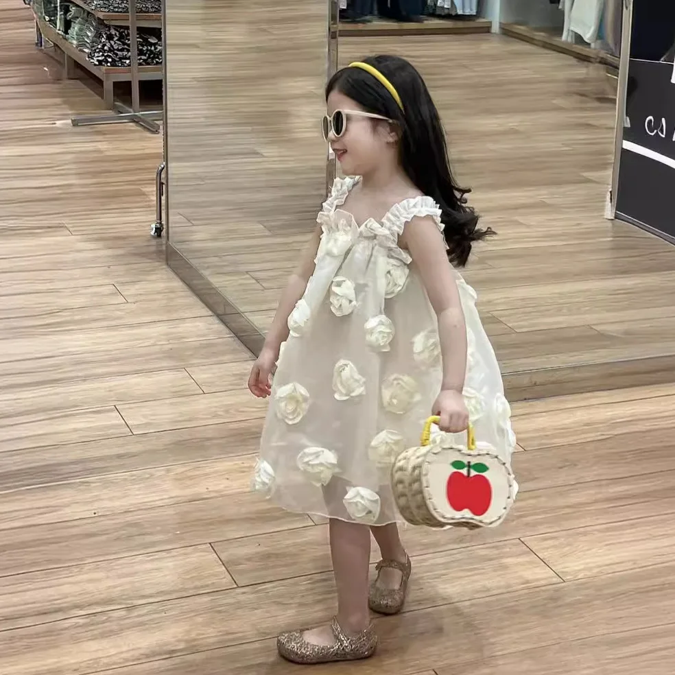 Korean Version of Childrens Clothing Summer Girl 2024 New Rose White High-end Sleeveless Princess Dress Trend