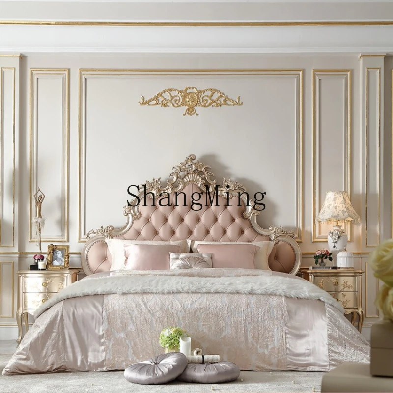 

LXY light luxury solid wood leather bed court carved romantic double bed
