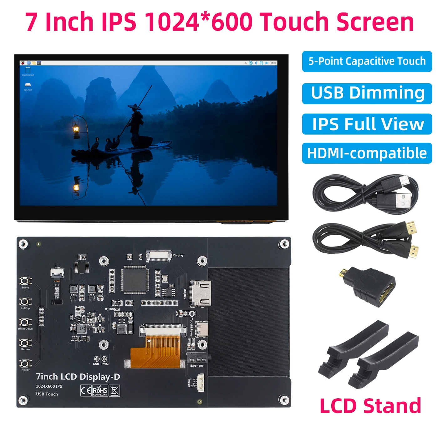 

7 Inch Raspberry Pi HDMI-compatible Display IPS LCD 1024x600 Capacitive Touch Screen for Raspberry Pi 5 4B 3B+ 3B HD Monitor