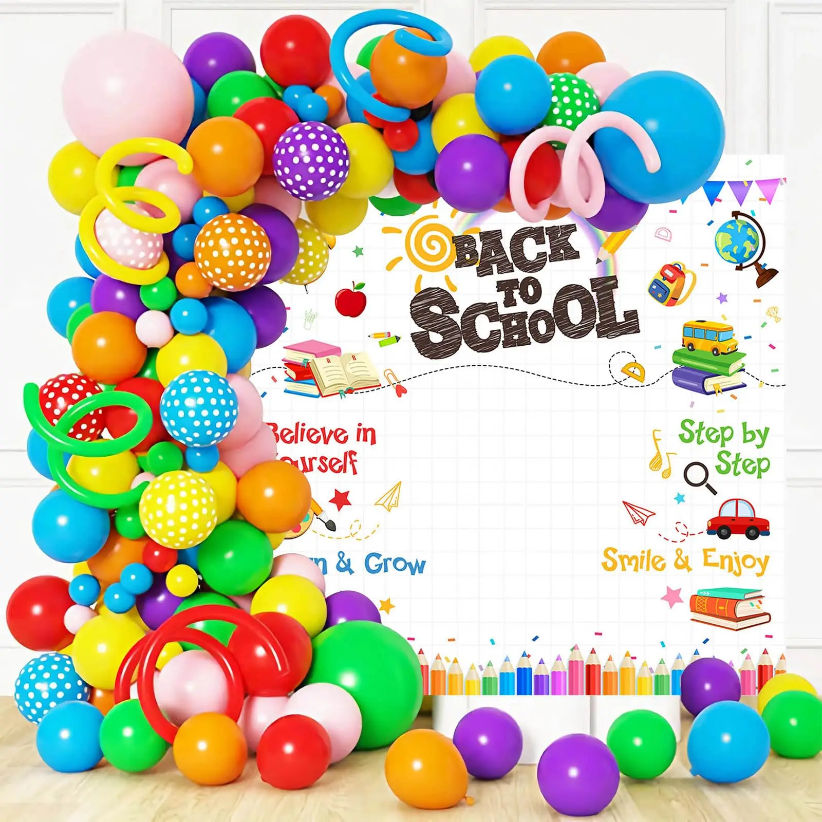 Bannières de bienvenue pour la rentrée scolaire, accessoires photo, décorations, stylos colorés, livres, toile de fond pour la première journée de maternelle, fête motivante
